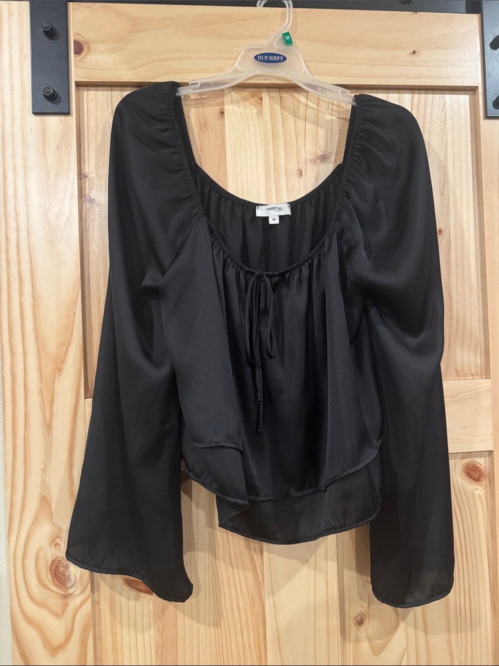 Black Peasant silky Blouse with Tie Neck by Papermoon